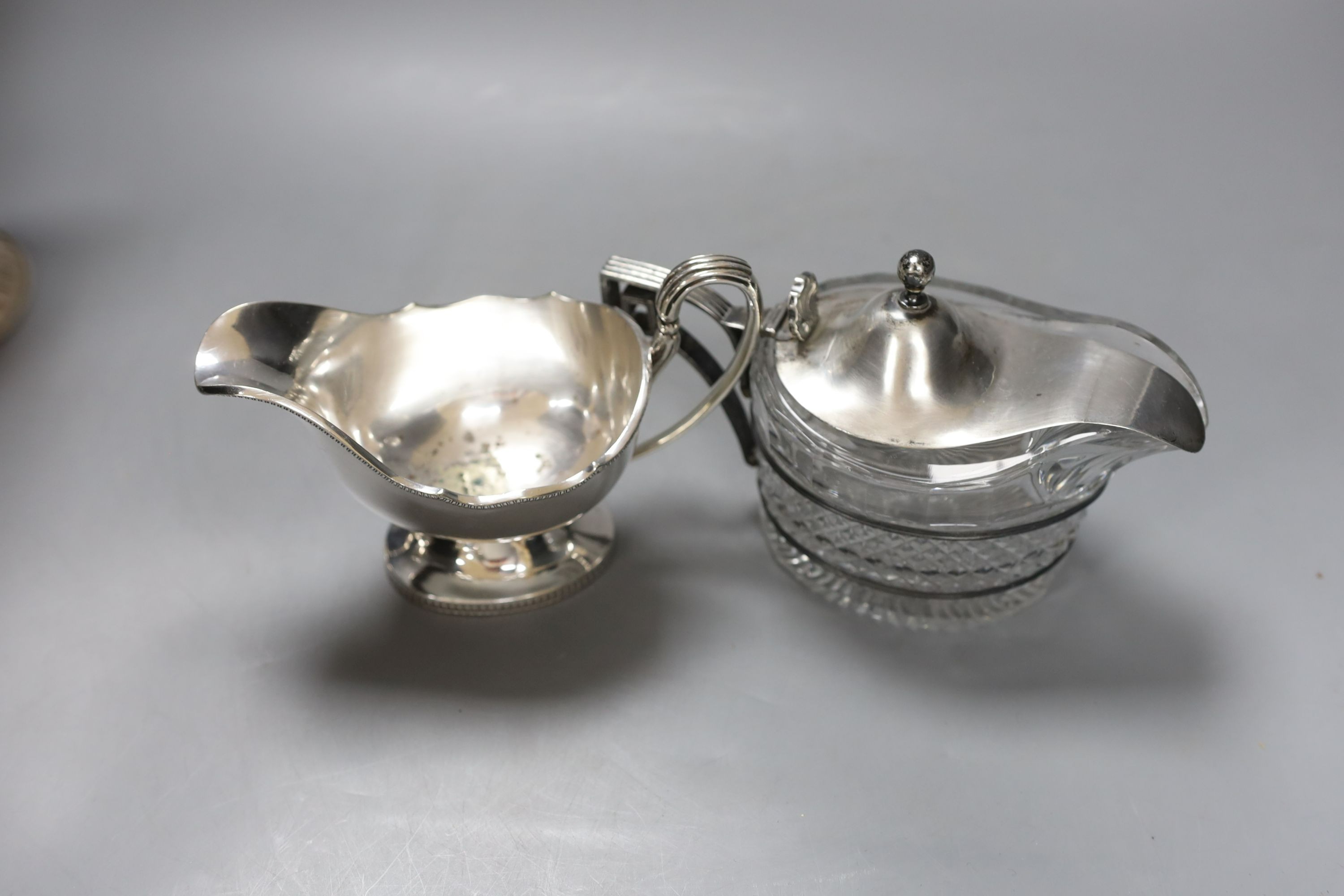 Assorted selection of plated ware, including a coffee pot, two sauceboats, a casket, box and mustard pot (6)